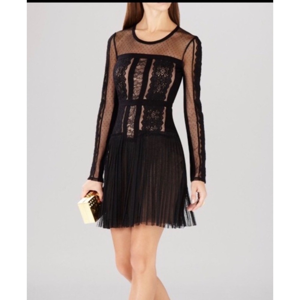 Black Lace Mesh Long Sleeve Mini Dress Pleated Tulle Skirt Nude Lining Cocktail